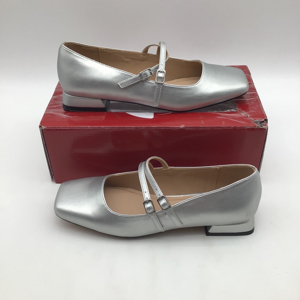 Journee Collection Gredah Silver Metallic Square Toe Mary Jane Flats Size 7M NEW